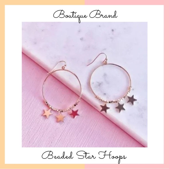 Gold Beaded Star Hoop Earrings - Picture 1 of 5